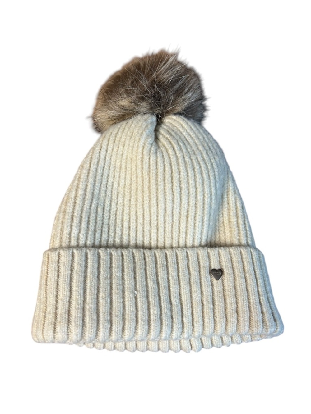 Juicy Couture Cream Knit Beanie with Pink Brand Tag